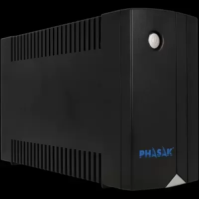 Unidade de alimentação ininterrupta preta com botão de ligar branco e logo PHASAK