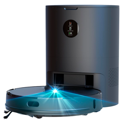 Aspirador robot preto com base de carregamento preta e luz azul emissora para navegação.