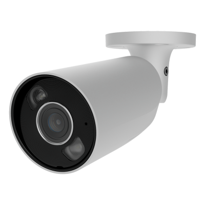 Câmara de segurança cilíndrica branca com lente preta e suporte de fixação.