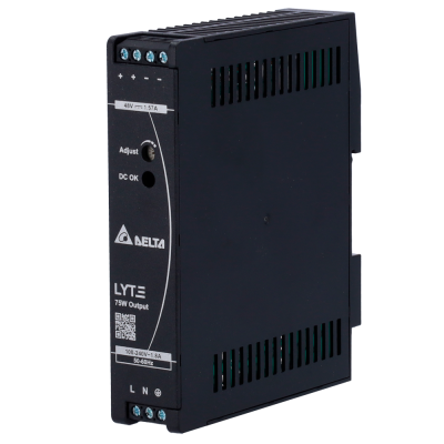 Alimentador de energia Delta LYTE preto com especificações técnicas visíveis
