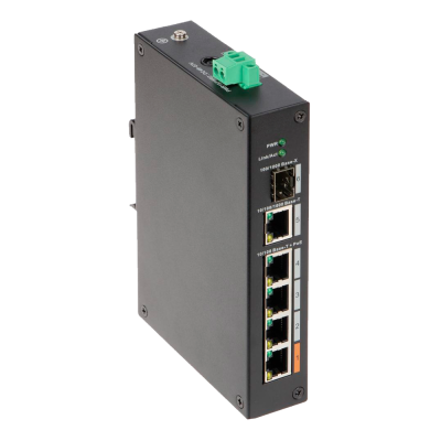 Comutador industrial de rede Ethernet preto com múltiplas portas e LEDs
