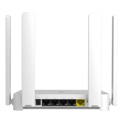 Router Wi-Fi branco com quatro antenas e várias portas LAN e WAN