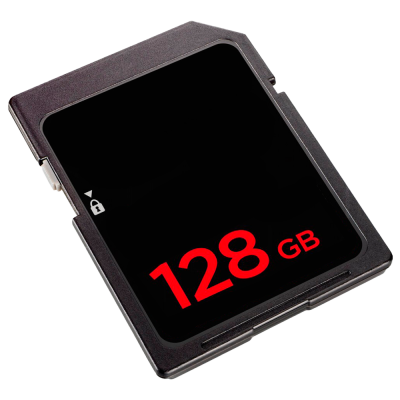 Cartão de memória preto 128 GB com símbolo de cadeado e fundo branco