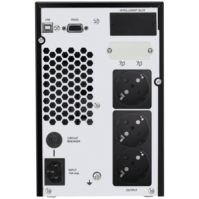 Parte traseira do dispositivo com tomadas elétricas, ventilação hexagonal, USB, RS232 e botão de reinício