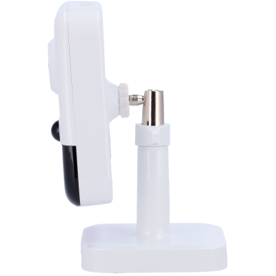 Aparelho branco com base retangular e suporte metálico ajustável.