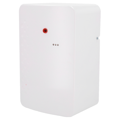 Caixa metálica branca com botão vermelho