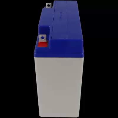 Bateria retangular cinzenta com tampa azul e conectores metálicos.