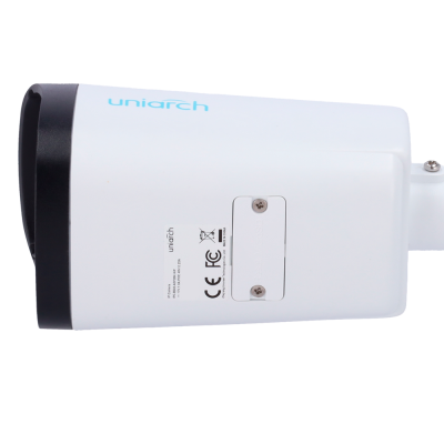 Câmara de segurança branca e preta da marca Uniarch com etiquetas e indicações