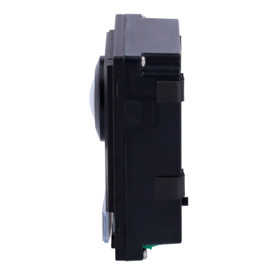 Dispositivo eletrônico preto com lente branca convexa de lado