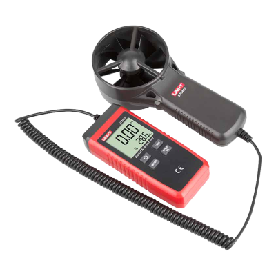 Anemómetro digital vermelho e preto com turbine preta e cabo espiral