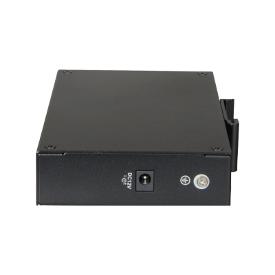 Dispositivo eletrónico preto com conector DC 12V e entrada terra