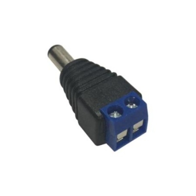 Conector macho DC com plugue metálico e terminal azul com parafusos