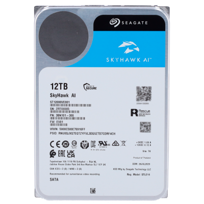 Disco rígido Seagate SkyHawk AI 12TB com etiqueta branca e azul e várias informações técnicas.