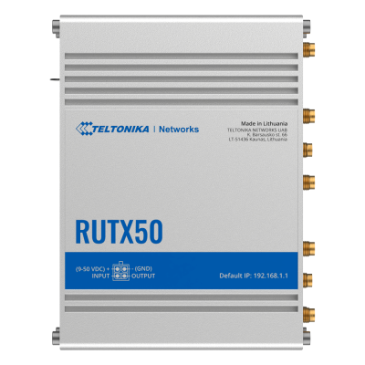 roteador industrial Teltonika RUTX50 cinzento e azul com antenas