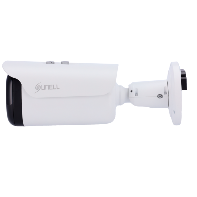 Câmara de segurança Sunell branca com suporte ajustável em fundo branco