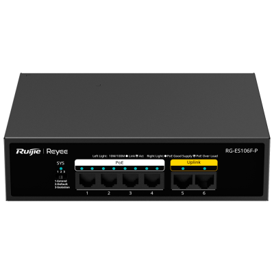 Switch de rede Ruijie Reyee RG-ES106F-P preto com 6 portas RJ45, 4 PoE e 2 Uplink.