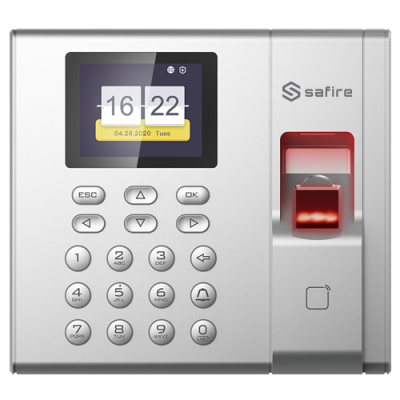 Dispositivo digital prata com ecrã, teclado numérico e leitor de impressão digital da marca Safire