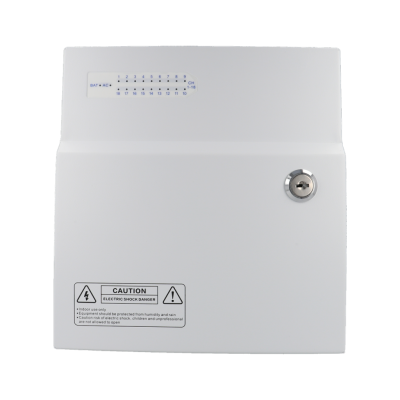 Caixa elétrica metálica branca com aviso de perigo e fechadura de segurança