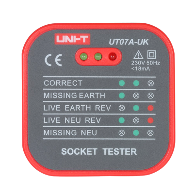 Testador de tomadas UNI-T UT07A-UK com LEDs indicativos e texto de funções e especificações.