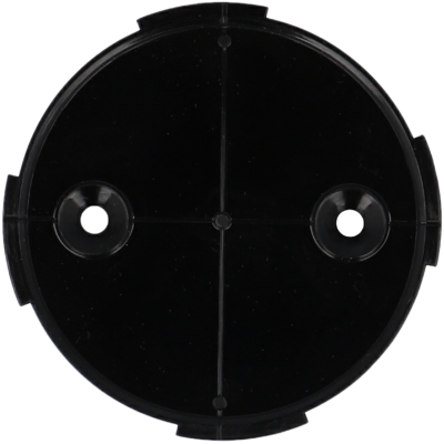 Tampa redonda preta de plástico com dois buracos e linhas cruzadas