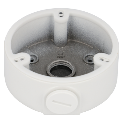 Suporte redondo branco para montagem de câmeras de segurança com interior cinza e inscrição TOP