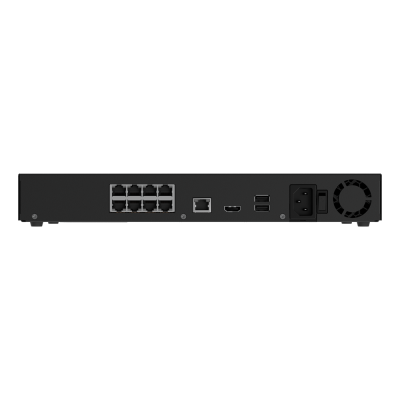 Traseira de dispositivo eletrônico preto com várias portas de rede, USB, HDMI, entrada de energia e ventoinha