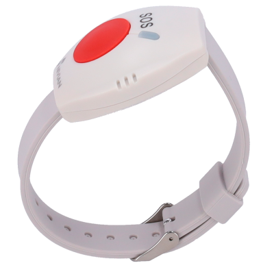 Pulseira branca com botão vermelho e texto SOS