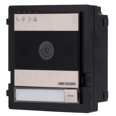 Vídeoporteiro Hikvision em metal escovado e preto com lente de câmera central