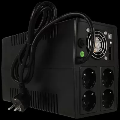 Fonte de alimentação ininterrupta preta com quatro tomadas e cabo enrolado