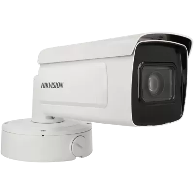 Câmara de vigilância HIKVISION branca com lente preta e suporte circular branco