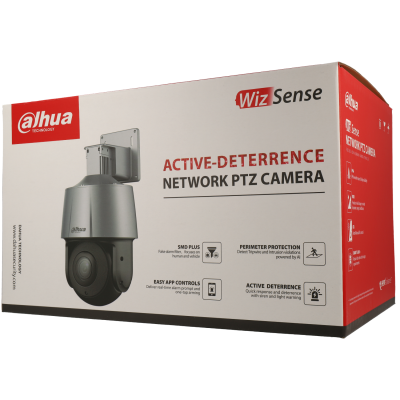 Embalagem de câmara de segurança Dahua WizSense PTZ em branco e vermelho