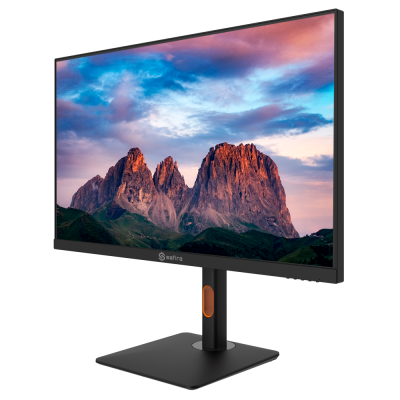 Monitor de computador preto Saffire com imagem de montanhas