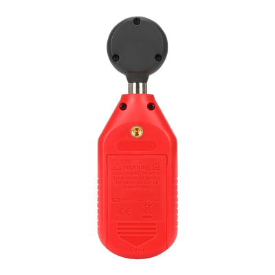 Medidor digital vermelho com parte superior preta e instruções gravadas.