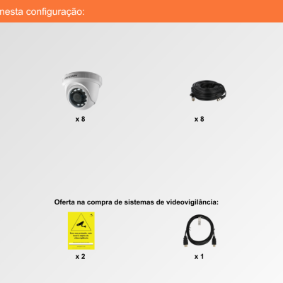 Componentes de sistema de videovigilância com câmaras, cabos, suportes, rato e placas de oferta