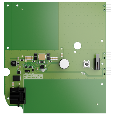 Placa de circuito impresso verde com componentes eletrónicos e texto de voltagem