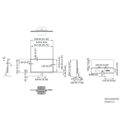 Desenho técnico de monitor com dimensões e áreas ativas