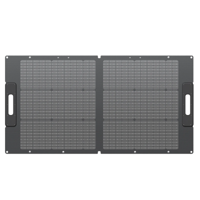 Painel solar flexível cinzento com pegas pretas para transporte