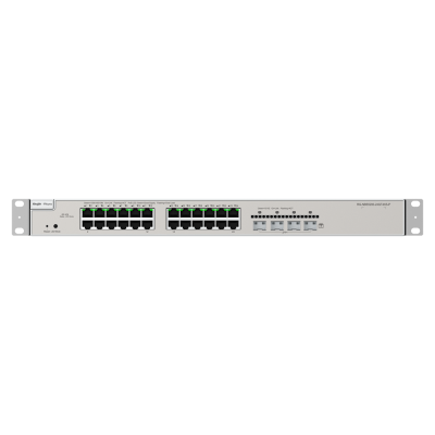 Switch de rede Ethernet Cisco cinza com 24 portas RJ45 e LEDs verdes