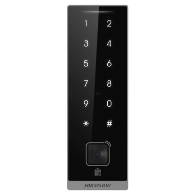 Painel de acesso preto com teclado numérico branco e câmara