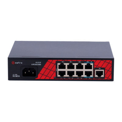 Switch de rede preto com 8 portas Ethernet e detalhes vermelhos