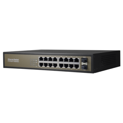 Interruptor Ethernet preto com 16 portas RJ45 e LEDs