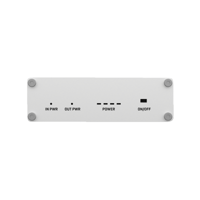 Painel frontal branco com indicadores LED e texto preto.