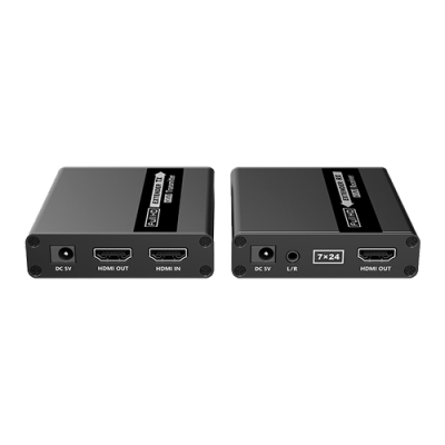 Dois dispositivos eletrónicos retangulares com portas HDMI e etiquetas em inglês