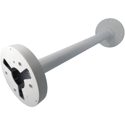 Suporte tubular metálico branco com duas bases redondas para fixação.