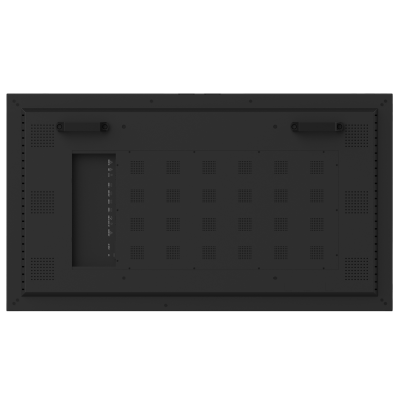 Traseira de monitor preto com várias entradas e ventilação