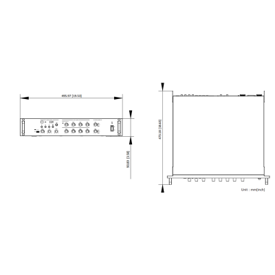 Desenho técnico de equipamento de som com controlo e dimensões em mm e polegadas.