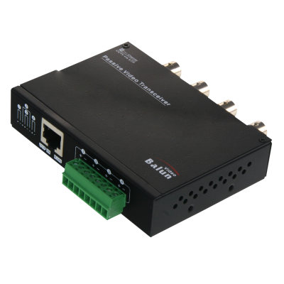 Transceptor vídeo passivo Ballun preto com conetores BNC, RJ45 e terminais verdes
