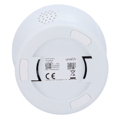 Parte inferior de câmara de segurança branca uniarch com etiqueta e pés