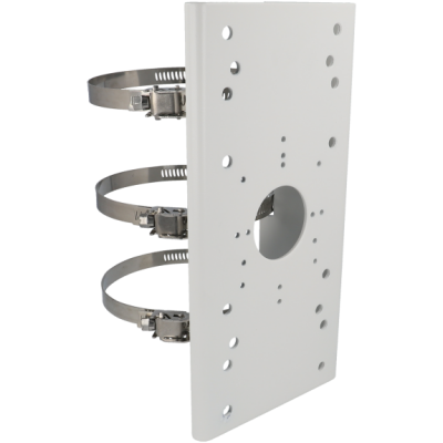 Suporte de montagem metálico branco com orifícios e braçadeiras ajustáveis