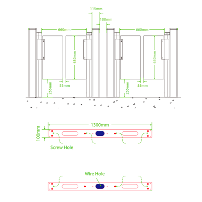 Desenho técnico de portão automático com medidas e indicações para instalação.